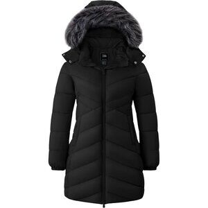 Women's Long Quilted Puffer Jacket Coat Waterproof Winter Faux Fur Hood Black